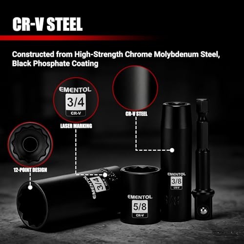 EMENTOL 3/8" Drive Impact Socket Set, 25PCS, SAE(5/16"- 1"), Deep and Shallow, 12 Point, Includes Drill Bit Adapter - size: 3/8" Drive (8-25mm)