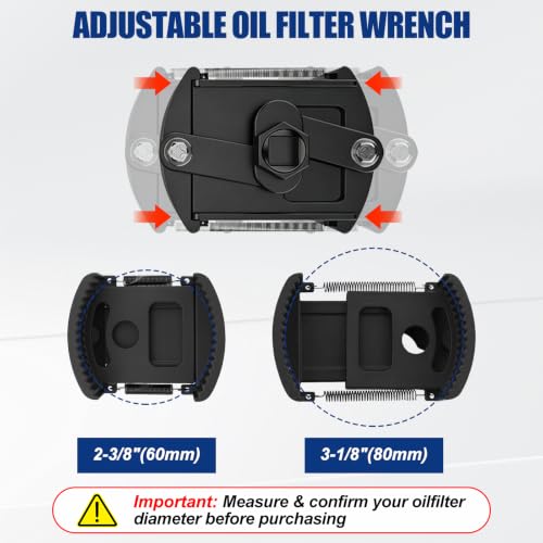 Universal Adjustable Oil Filter Wrench 2-3/8 to 3-1/8 inch (60-80mm) with Non-Slip Serrated Jaws, 1/2'' Drive Cap Style Oil Filter Tool Fits Small to Medium Spin-on Filters, UTVs, JetSkis