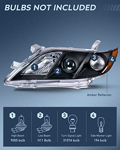Nilight Headlight Assembly Compatible with Toyota Camry 2007-2009 - color: Black Housing + Amber Reflector