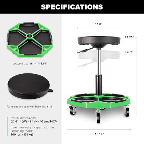 DNA Motoring Adjustable Height Pneumatic Garage Seat Rolling Mechanic Stool with Tool Tray Storage,300lbs Max Weight Capacity, Green, TOOLS-00480-GR - color: Green