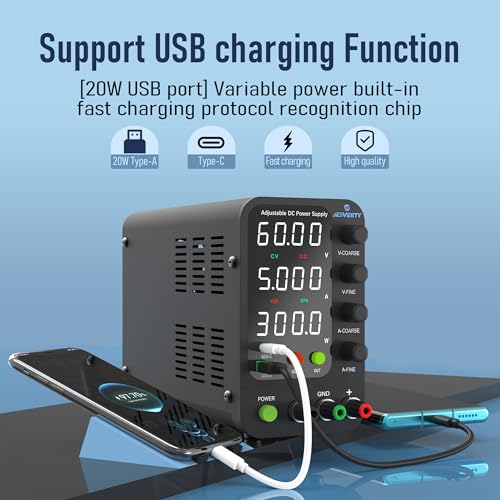 DC Power Supply Variable, 0-60V 0-5A Switching Bench Power Supply with 20W USB & Type-C Quick-Charge, Encoder Corase & Fine Adjustment Knob, Output Switch, 4-Digit LED Display - SPS-6005V - color: Upgraded, size: 60V 5A