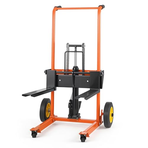 VEVOR Hydraulic Material Lift Winch Stacker, 450 lbs Load Capacity, Pallet Truck Dolly with Fork Lift Table, 39.4 Inches Max Lifting Height, Foldable & Portable Pallet Jack Table Cart, Orange & Black