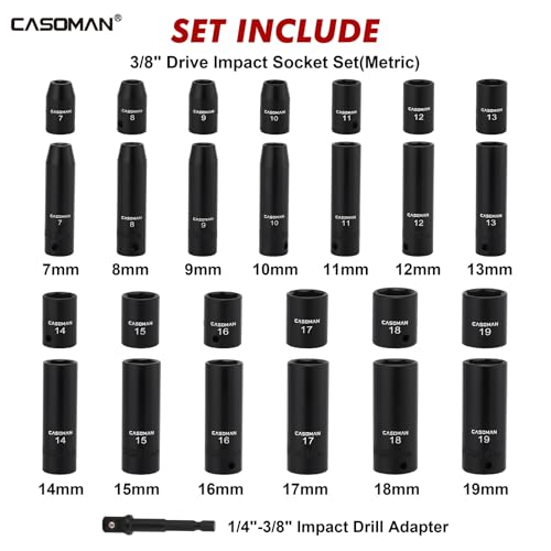 CASOMAN 27 Pieces 3/8-Inch Drive Impact Socket Set, Deep & Shallow, Metric (7mm - 19mm), 6 Point, CR-V Steel - size: 3/8"Dr. Metric