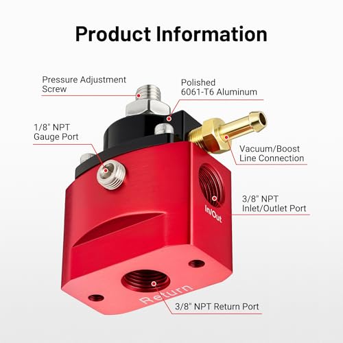 EVIL ENERGY Fuel Pressure Regulator Carburetor 4.5-9 PSI, 3/8" NPT with Gauge, Bypass Return Fuel Regulator for Carburetor with vacuum reference line connection, Red