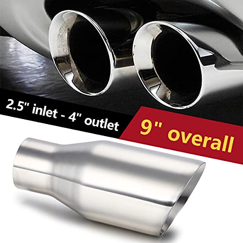 LCGP 2.5" inlet Universal Diesel Exhaust Tip 4" Outlet 09" Long Tail Tip, Polished & Double Wall Angle Cut, 304 Stainless Steel - size: 2.5“x4"x9", style: Polished