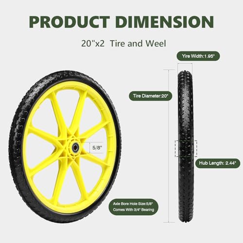 20" Flat Free Tire and Wheel with 3/4" & 5/8" Bearing, 2 Pack - color: Yellow