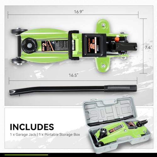PM PERFORMOTOR Low Profile Hydraulic Trolley Service/Floor Jack Combo with 2 Ratchet Jack Stands, 2 Ton (4000 lbs) Capacity, Green,PM-TOL-FJ3P-GR - color: Green