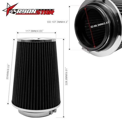 RYANSTAR 4 Inch Cone Air Filter 102mm High Flow 231mm Tall Black - color: black, size: 4" Short