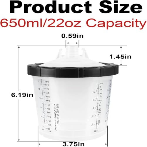 Paint Spray Gun Disposable Cups System, 650ml (22oz) Automotive Paint Mixing Kit with 45 Lids & Liners, 125 Micron Filter, Hard Cup, Plugs for HVLP & LVLP Automotive Spray Guns - size: 22 Ounce Kit (650ml)