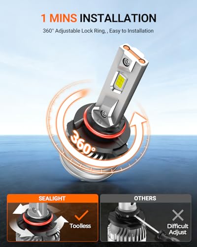 SEALIGHT 9005 Bulbs, 120,000LM 1700% Brightness, HB3 9005 6500K Cool White LED Bulbs, IP68 Waterproof 80000Hrs Lifespan, 5X Heat Dissipation driving LED Bulbs, Plug and Play, 2 Pack - color: White, size: 9005