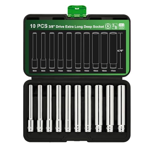 TecoTek 10PCS 3/8-Inch Drive Extra Deep Metric Socket Set, 6 Point, 8mm to 17mm, No Skipped Sizes, 120MM Deep CR-V Socket for Automotive and Industrial Applications
