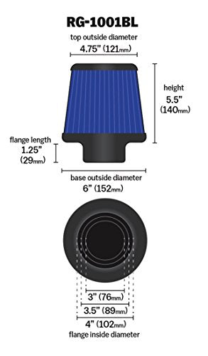 K&N High-Flow Original Lifetime Universal Clamp-On Air Filter: Performance, Premium, Washable: Flange Diameter: 4 In, Filter Height: 5.5 In, Flange Length: 1.125 In, Shape: Round Tapered, RG-1001BL