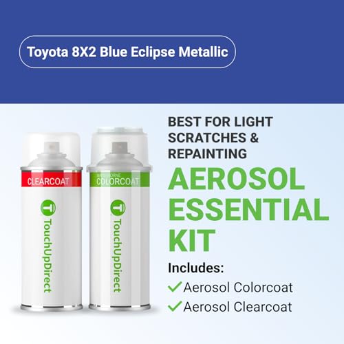 TouchUpDirect Car Paint Touch Up Spray Kit – Compatible with Toyota 8X2 Blue Eclipse Metallic Exact Match Auto Paint Kit with Car Color Spray and Clearcoat, for Repainting or Scratch Repair, Essential Kit - color: Blue Eclipse Metallic, style: Aerosol Spr