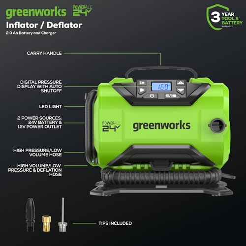 Greenworks 24V Cordless Tire Inflator, 160 PSI Portable Air Compressor, 2 Power Sources, Auto Shut Off, for Car, Bicycle, Motorcycle, Inflatables With 2.0 Ah USB (Power Bank) Battery & 2A Charger - style: w/2.0Ah (USB Battery)