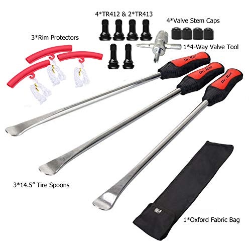 Dr.Roc 14.5 inch Perfect Leverage Tire Spoon Lever Iron Tool Kit Motorcycle Dirt Bike Lawn Mower Tire Changing Tool with Bag 3X Tire Spoons 3X Rim Protectors 1x Tire Valve Stems Set TR412 TR413 - size: 3PCS+ Rim Protector