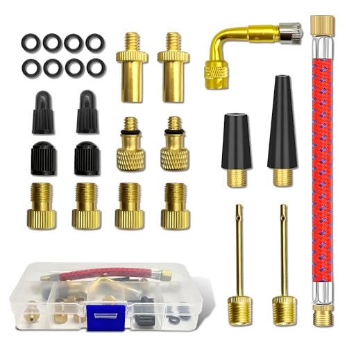 Pump Extension Hose & Inflation Needle Set Includes DV/AV/SV Converter, Presta & Schrader Valve Adapters, Fit for Bikes, Balls, Electric Scooters & Inflatable Equipment - size: 26-Piece Long Valve Stem Adapter Kit