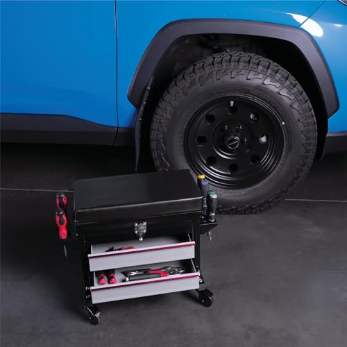 Performance Tool W85024 Drawer Creeper Rolling Work Seat with Tool Box for Mechanic Garages and Workshops, Black, 16x9-inch Seat