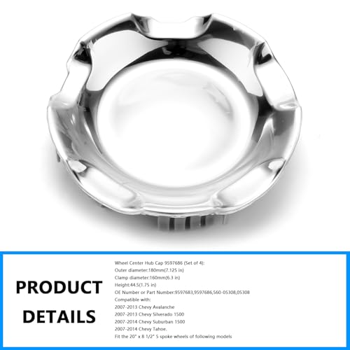 Wheel Center Hub Cap 9597686 (Set of 4),Center Cover Hubcap Fit 20" Wheels Compatible with Chevy Avalanche Silverado 1500 Suburban 1500 Tahoe (2007-2013) for # 9597683 560-05308 - color: Set of 4, size: 9597686