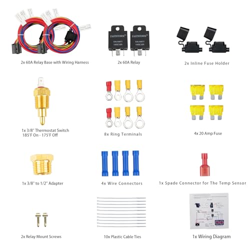 Dual Electric Fan Relay Kit Electric Radiator Fan Kit Temperature Sensor Switch 185 On 175 Off Automotive Wiring Kit 60 Amp Cooling Fan Relay Switch Kit 4 Pin Waterproof Relay Kit - style: Dual Electric Fan 185 On 175 Off