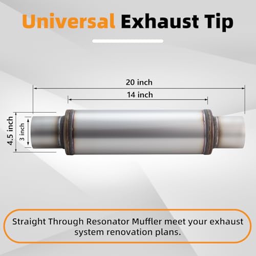 A-KARCK 3" Inlet Exhaust Resonator, 3" Inlet 3" Outlet 20" Overall Length Muffler Universal Resonator Stainless Steel Straight Through Design Exhaust Tip for Cars - color: 1 PC, size: 3" Inlet 20" Overall Length