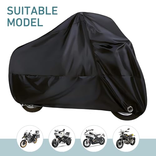Bike Cover Waterproof Outdoor, Motorcycle Cover, 190T Polyester Waterproof Protect from Rain Dust UV, All-Season Protection Vehicle Shield, Motorbike Shield with Lock-Holes & Storage Bag