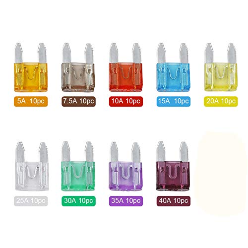 AHL 90PCS Mini Automotive Fuse Kit(5A 7.5A 10A 15A 20A 25A 30A 35A 40A),Car Fuses Assortment Kit,Mini Blade Fuses Automotive for Car, RV, Boat,Truck, Marine, Motorcycle, Auto, ATV Fuse - size: Mini 90pcs