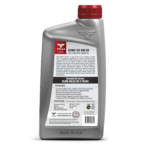 TRIAX Euro VX 5W-30 Full Synthetic Ester, Compatible with VW 507.00/504.00, VW Audi 502.00, 505.01, BMW LL-04, Porsche C30, ACEA C3, Mercedes 229.51, 229.5, 229.31 (1 Quart) - size: 1 Quart