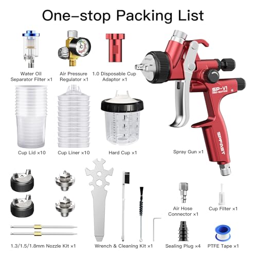 SP-V1 HVLP Air Spray Gun Kit with 20 Oz Disposable Paint Cups, 1.3/1.5/1.8mm Nozzle Automotive Paint Gun, House & Car Paint Sprayer for Furniture, Base & Top Coating, Low Overspray