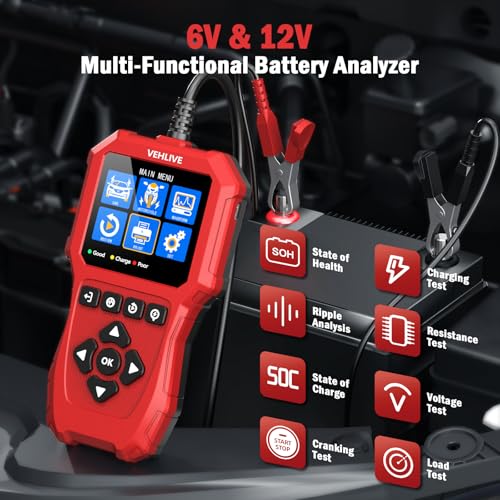 Car Battery Tester 6V 12V with Lithium Battery Testing, VEHLIVE BT910 5-3000CCA Battery Load Tester, Automotive Alternator Tester Charging Cranking System Tester for Car Truck Motorcycle SUV ATV Boat - color: China Red