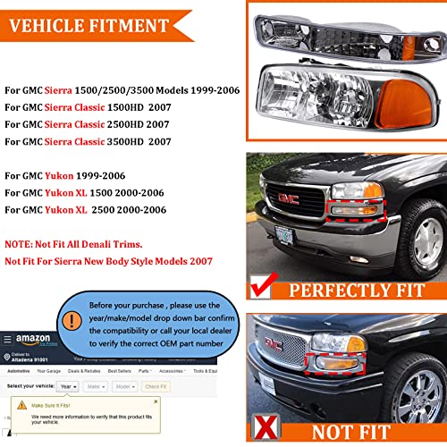 Front Headlight Lamp with Bumper Lights Set (Left + Right) Compatible with 99-07 GMC Sierra 1500 2500 3500/00-06 Yukon, Chrome Housing Amber Reflector Headlights - color: Chrome Amber