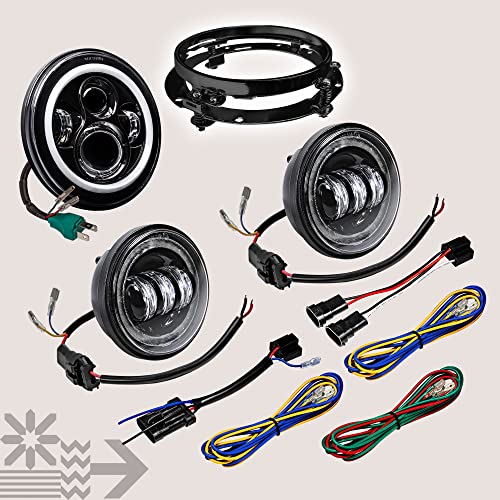 TRUE MODS 7 Inch Halo LED Headlight 4.5" Passing Light for Harley Davidson - color: Black, size: 3-Piece (Headlight + Bracket + Fogs)