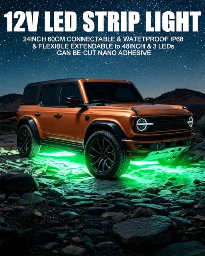 Keiurot 12V Led Light Strip for Cars 24Inch Connectable & Waterproof, 4Pack - color: Green Led Strip 24" Connectable