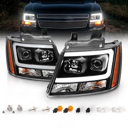 AmeriLite for 2007-2013 Chevy Avalanche Suburban Tahoe Super Bright LED Bar Projector Halogen Black Headlights Pair - Passenger and Driver Side - color: Black LED Bar