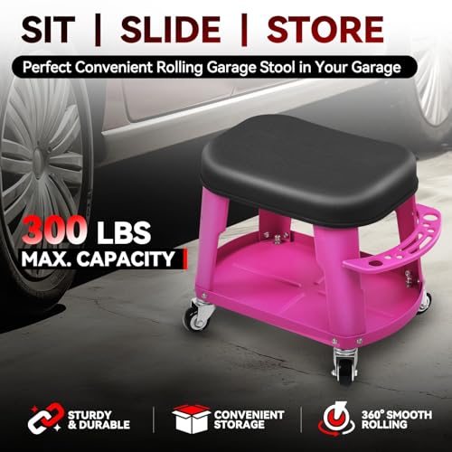 Auto Dynasty Mechanic Roller Stool, 300 LBS Capacity Rolling Creeper Garage Shop Seat with Tool Tray, Heavy Duty Mechanic Roll Repair Chair for Workshop Household Home Warehouse Office, Purple - color: Purple