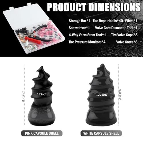 Flat Tire Plug Kit,Self-Service 2-Size Tire Repair Rubber Nail Kit Includes Tires Pressure Monitor/Repair Screws/Pliers/Screwdrivers,Flat Tires Repairs Kits for Vacuum Tubeless