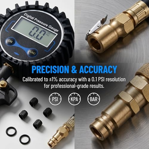 Digital Tire Pressure Gauge with Inflator 3-250 PSI, Heavy Duty Kit
