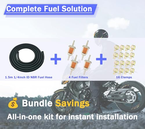 1/4 Fuel Line kits, 1.5Meter/5-Foot Fuel Line + 4Pcs Inline Fuel Filters + 16 Pcs 23/64'' Mini Fuel Hose Clamps - size: 5Ft+4Fuel filter+16Clamps