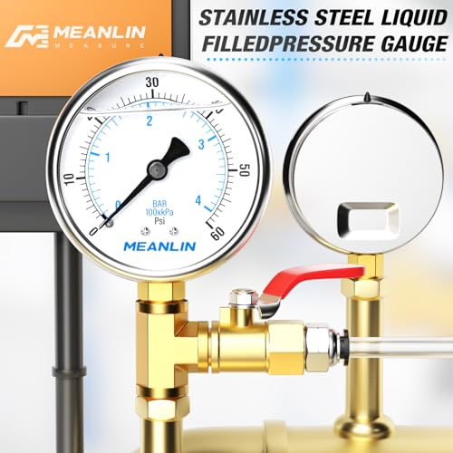 MEANLIN MEASURE 0~60Psi Stainless Steel 1/4" NPT 2.5" FACE DIAL Liquid Filled Pressure Gauge, Pool Sand Filter Pressure Test Lower Mount(Pack of 2) with 1/2" NPT and 3/8" NPT Hex Bushing - size: 0-60Psi (2Pcs)