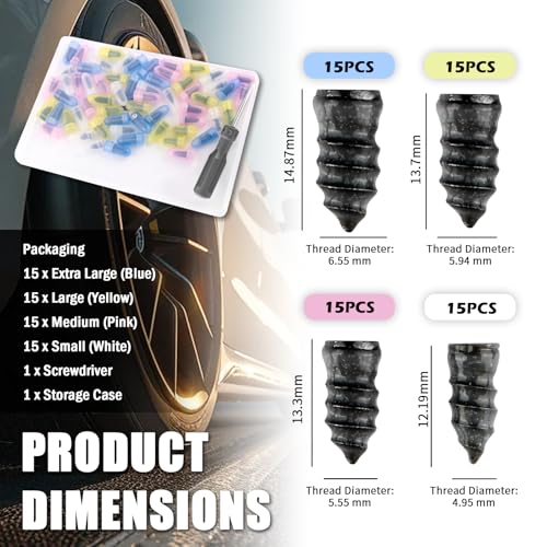 Upgraded 60PCS Car Tire Repair Rubber Nail Kit,Portable Car Rubber Screw Tire Plugs Kit for Emergency Repair Work,Self-Service Cars Tires Plugs Screw Type with Screwdriver - color: 4 Size/60PCS