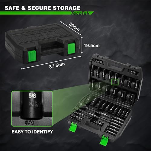 TecoTek 1/2" Drive Deep Impact Socket Set, 38-Piece Socket Set SAE 3/8 to 1-1/4 inch and Metric 10-32mm Size, Includes Extension Bars, Universal Joint, Adapter and Ratchet Handle, 6 Point, Cr-V Steel - style: 1/2" Drive 38pcs Impact Socket Set