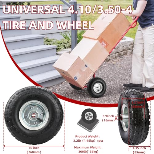 25.4cm(10인치) 교체용 타이어 및 휠 10.4cm(4.10/3.5-4인치), 25.4cm(10인치) 공압 유틸리티 타이어, 고릴라 카트, 돌리, 핸드 트럭, 잔디 깎는 기계, 정원 왜건용 1.6cm(5/8인치) 차축 보어 홀 - 이중 밀봉 베어링 (2팩)