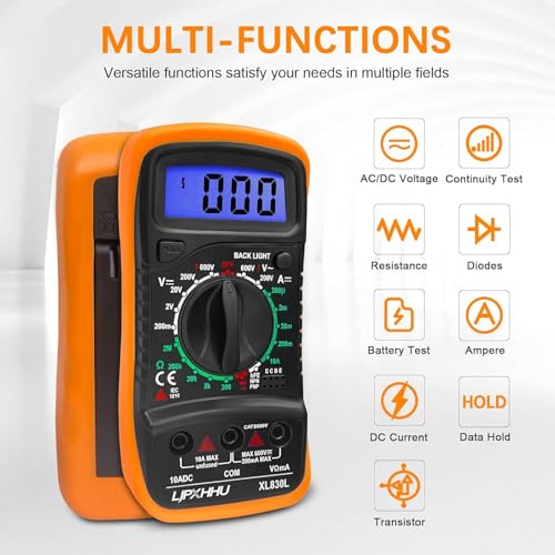 Digital Multimeter Voltmeter Battery Voltage Multi Tester Continuity Ohm Volt Amp DC AC Current Resistance Diodes 2000 Counts Electrical Test Meter with Leads Backlight LCD Display - color: Orange&Black