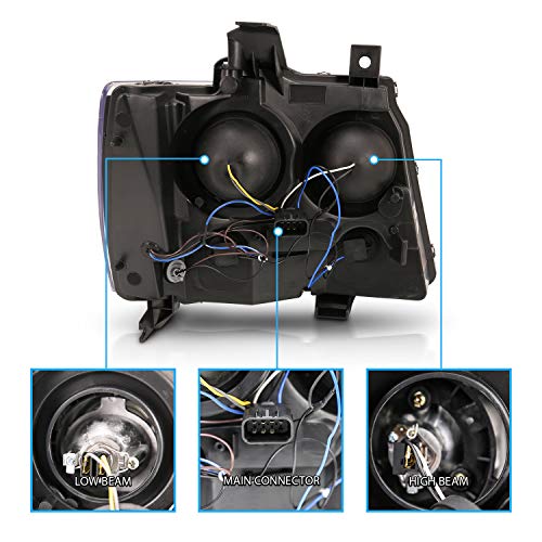 AmeriLite for 2007-2013 Chevy Avalanche/Suburban/Tahoe Switchback LED Turn Siganl Tube Chrome Projector Headlights Assembly Pair - Passenger and Driver Side - color: Chrome Projector Switchback LED Bar