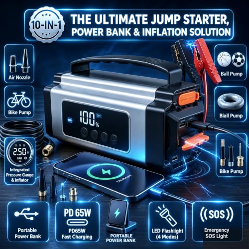 9000A Jump Starter with Air Compressor, 10-in-1 Portable Car Battery Booster and Tire Inflator Fast Charging Power Bank, Air Pump Battery Jumper Camping Road Trips Car Owner Gift