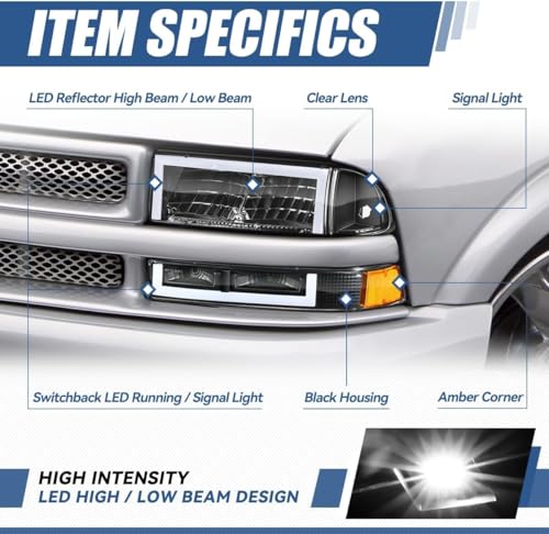 Auto Dynasty LED DRL Headlights Assembly Compatible with 1998-2004 Chevy Blazer S10, 4Pcs Headlamps Replacement w/Bumper Lamps, Box-Style LED Switchback DRL, Black Housing Amber Corner - color: Black / Amber, size: Box-Style LED DRL