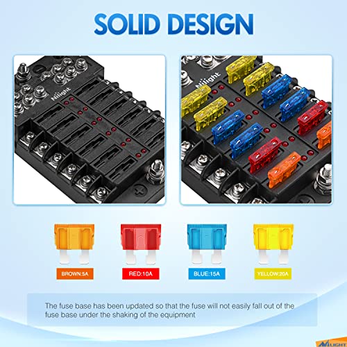 Nilight - 50056L 12 Way Blade Fuse Block 12 Circuits with Negative Bus Fuse Box Holder with LED Indicator ATO/ATC Fuse Panel Waterproof Cover for 12V Automotive Cars, Marine Boats, RVs, Trailers - color: 12Way Fuse Block