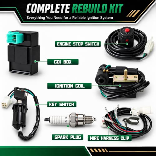 Wiring Loom Harness Kill Switch Ignition Coil Cdi Box Spark Plug Rebuild Kit for Kick Start Dirt Pit Bike ATV 50CC 70CC 90CC 110CC-160cc Buggy Go Kart Wire Harness