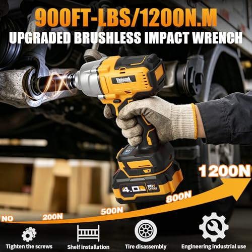Cordless Impact Wrench, 900Ft-lbs (1200N.m) 1/2" Brushless Impact Gun with 2x 4.0Ah Battery, Fast Charger & 3 Sockets, High Torque Power Impact Driver Ideal for Car, DIY, and Truck RV/Mower (1200N.m)