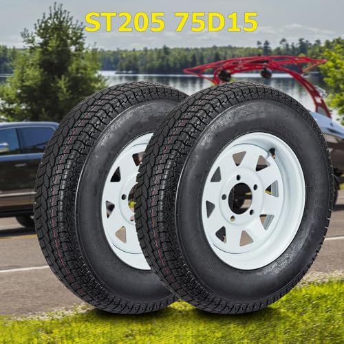 MAXSA ST205/75D15 2-Pack Trailer Tires with White Steel Rims, 6 Ply Load Range C, 5 Lug Bias Heavy Duty Trailer Wheel, All-Weather Pre-Mounted Tire for Utility Boat Camper Cargo Trailers