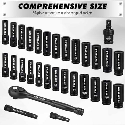 30-Piece 1/2" Drive Impact Socket Set, Standard SAE (3/8-1 inch) and Metric (10-24mm) 6 Point CR-V Steel Deep Socket, Ratchet Handle, 3" & 5" Extension Bar, CR-MO Impact Universal Joint - style: 1/2'' 30PCS